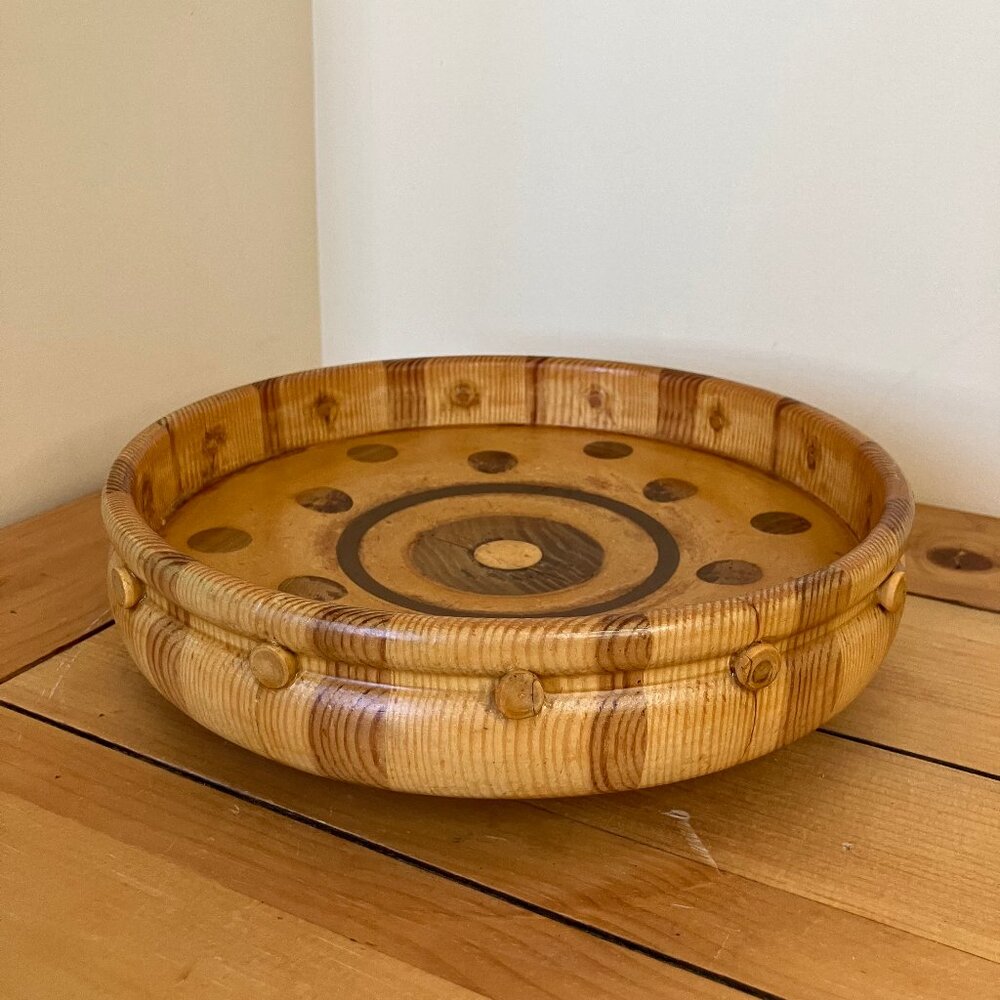 Handmade Wood Round Bowl Polka Dot Marquetry Design 9.5"